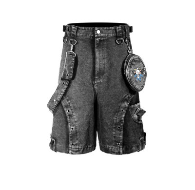 DiZNEW Multi-Pocket Black Denim Shorts with Cartoon Embroidery and Detachable Pouch