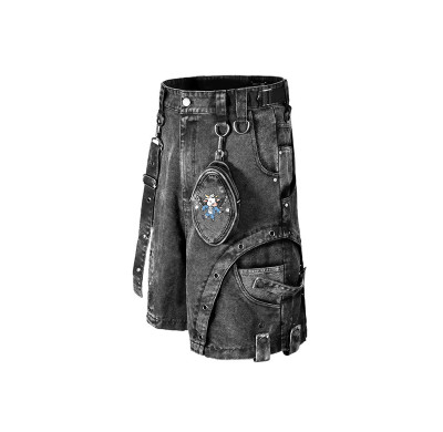 DiZNEW Multi-Pocket Black Denim Shorts with Cartoon Embroidery and Detachable Pouch