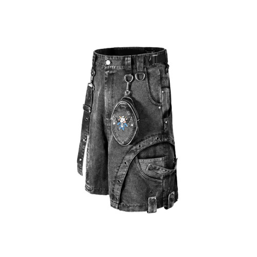 DiZNEW Multi-Pocket Black Denim Shorts with Cartoon Embroidery and Detachable Pouch