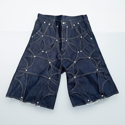 Custom Men's Designer Denim Shorts with Stitching and Rivet Details Streetwear