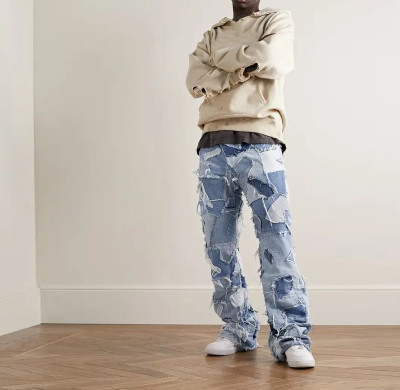Custom Vintage Patchwork Distressed Denim Jeans for Men - Unique Designer Style