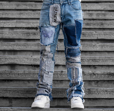 DiZNEW Patchwork Distressed Denim Jeans with Butterfly Design and Slim Fit for Men