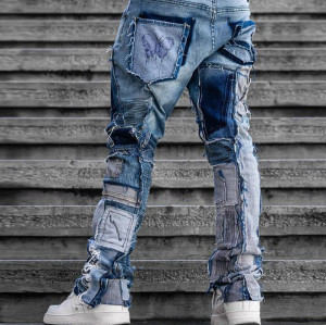 DiZNEW Patchwork Distressed Denim Jeans with Butterfly Design and Slim Fit for Men