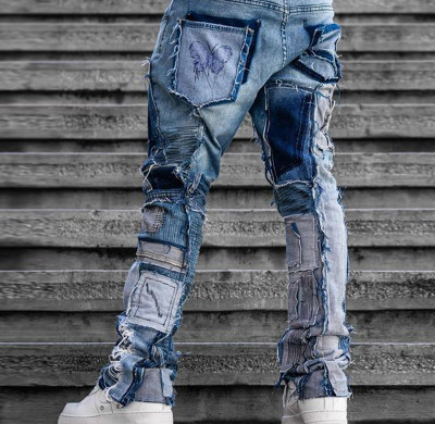Custom Patchwork Distressed Denim Jeans with Butterfly Design and Slim Fit for Men