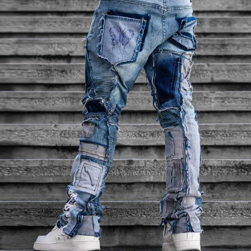 Custom Patchwork Distressed Denim Jeans with Butterfly Design and Slim Fit for Men