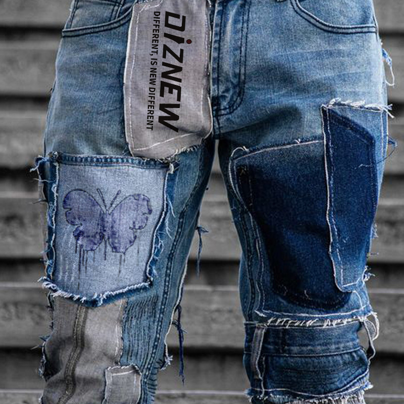 Jeans im Distressed-Look mit Patchwork-Muster