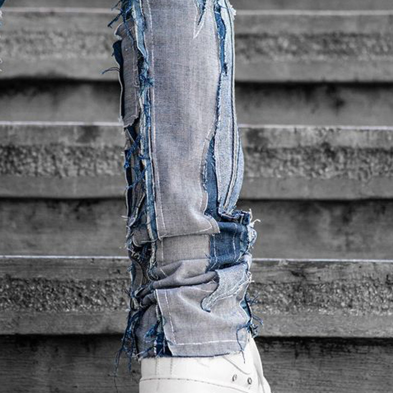 Jean patchwork en denim vieilli