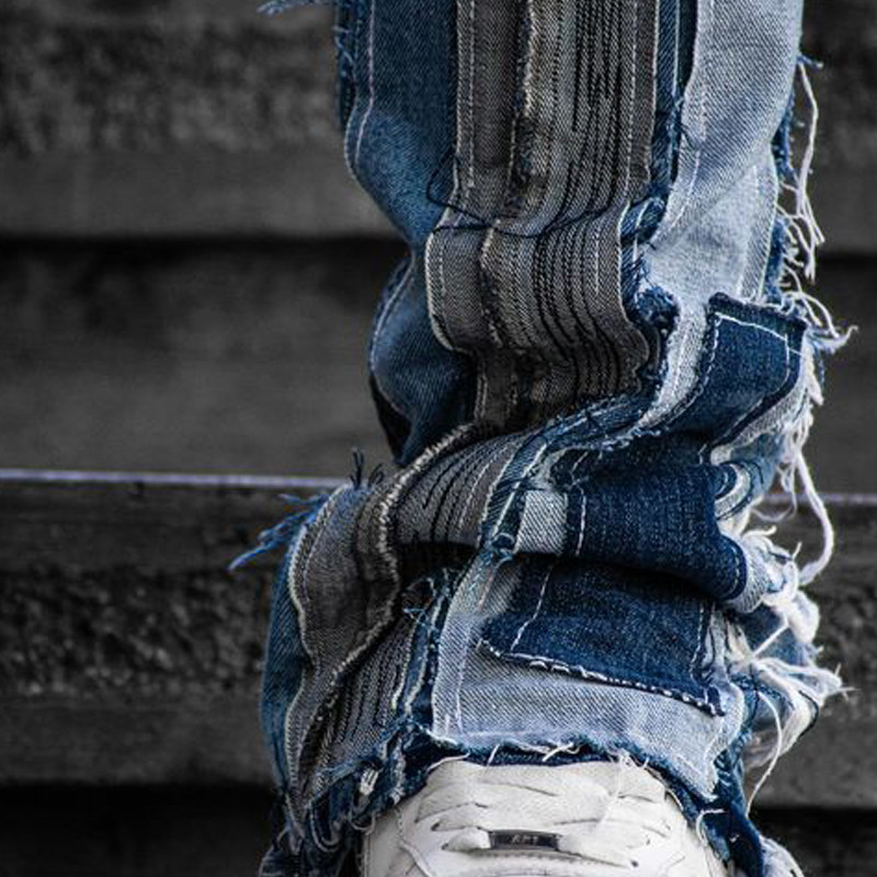 Jean patchwork en denim vieilli