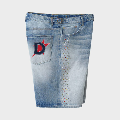 Custom Studded Denim Shorts with Colorful Rivets, Unique Style for Summer Fashion