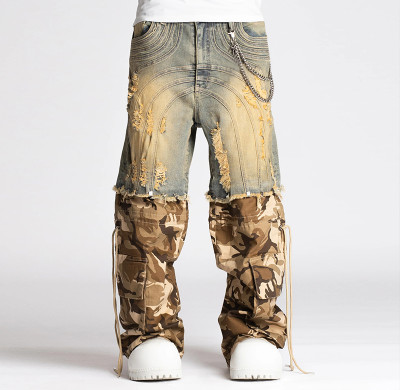 DiZNEW Convertible Distressed Denim Camo Cargo Pants with Removable Shorts Jeans