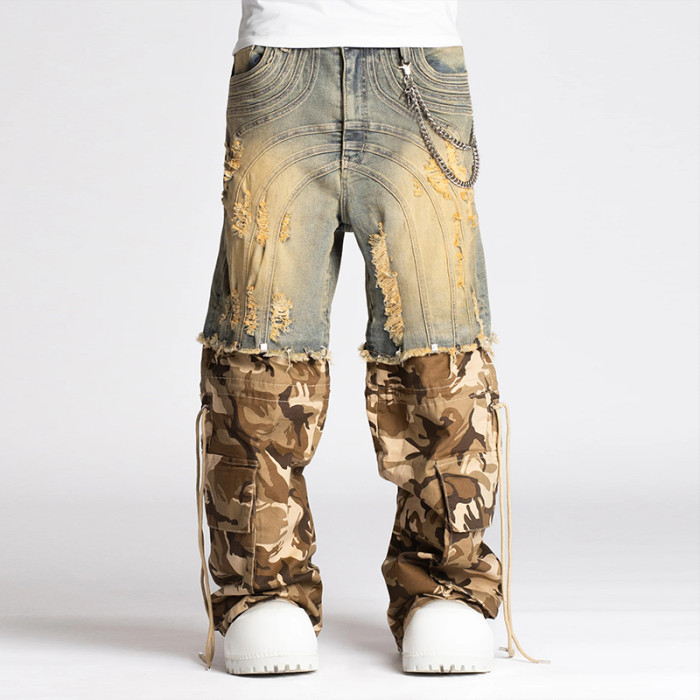 DiZNEW Convertible Distressed Denim Camo Cargo Pants with Removable Shorts Jeans