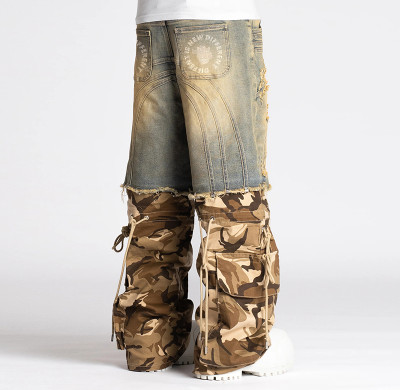 Custom Men Convertible Denim Camo Pants with Detachable Zipper Design