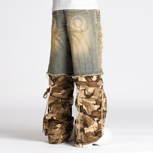 DiZNEW Convertible Distressed Denim Camo Cargo Pants with Removable Shorts Jeans