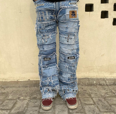 DiZNEW Patchwork Distressed Denim Jeans with Frayed Layers for Streetwear Customizable