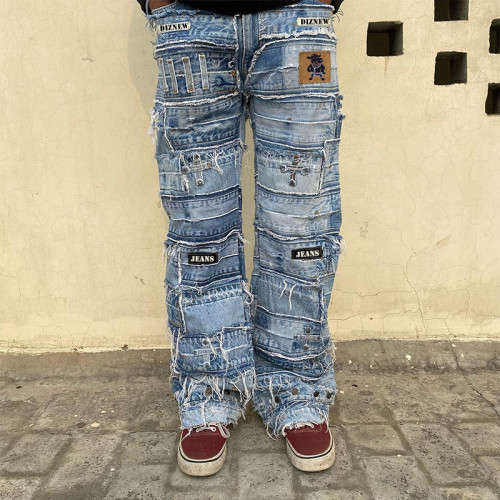 DiZNEW Patchwork Distressed Denim Jeans mit ausgefransten Schichten für Streetwear Anpassbare