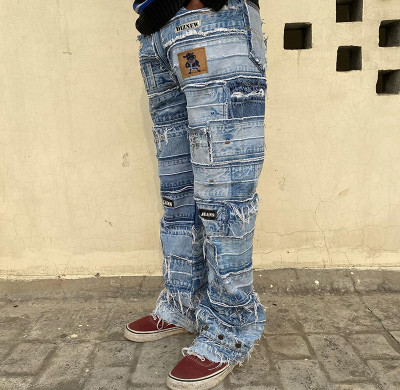 Patchwork Distressed Denim Jeans with Frayed Layers for Streetwear Customizable