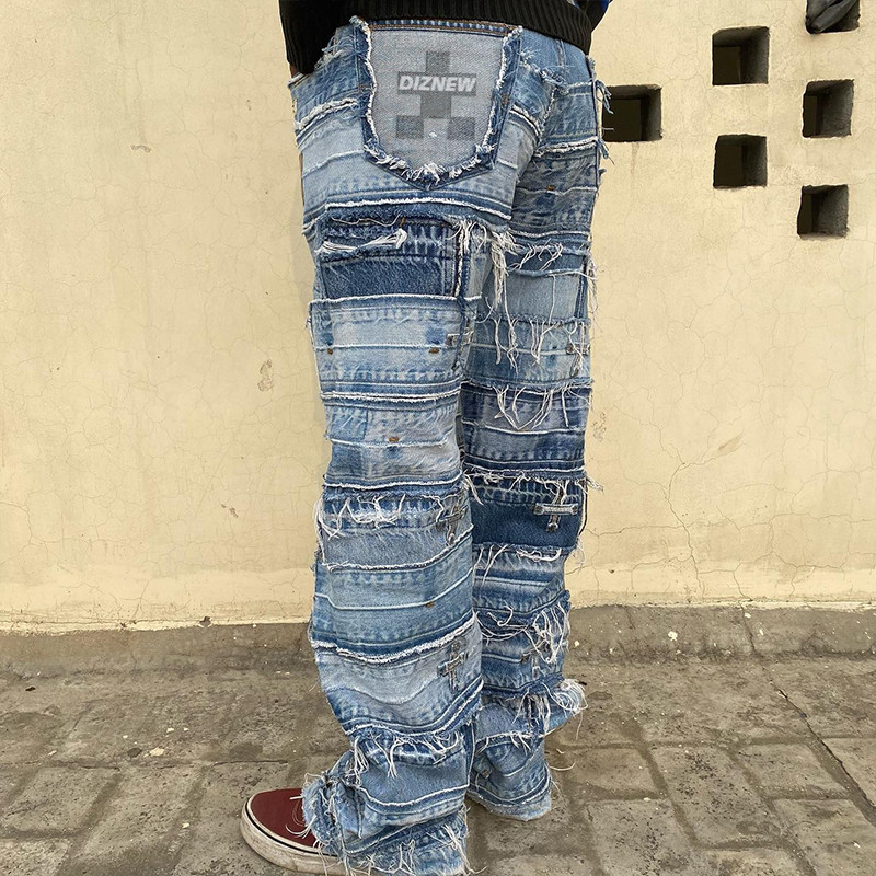 Jean patchwork en denim vieilli