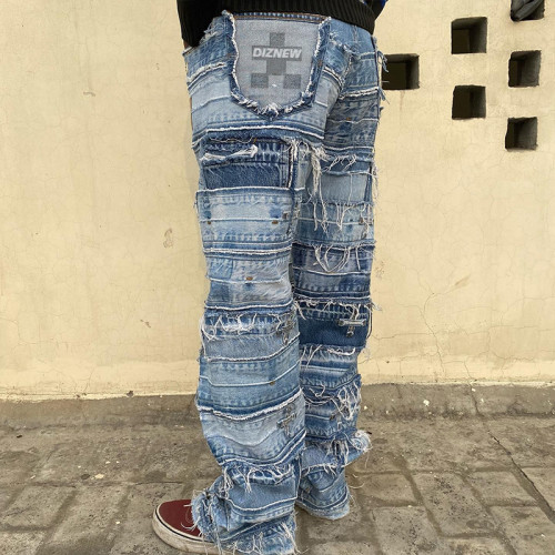 Patchwork Distressed Denim Jeans with Frayed Layers for Streetwear Customizable