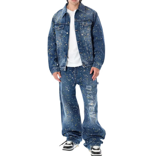 DiZNEW Men's Splatter Paint Denim Jacket for Trendsetting Jeans Designers