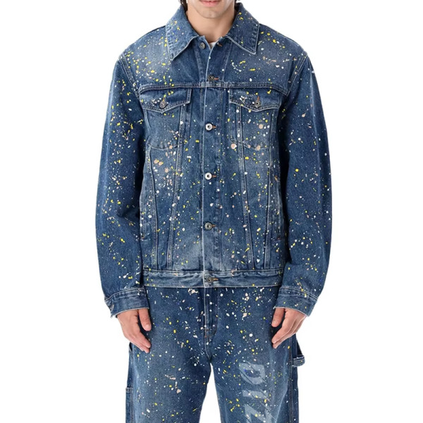 Custom Men's Splatter Paint Denim Jacket for Trendsetting Jeans Designers