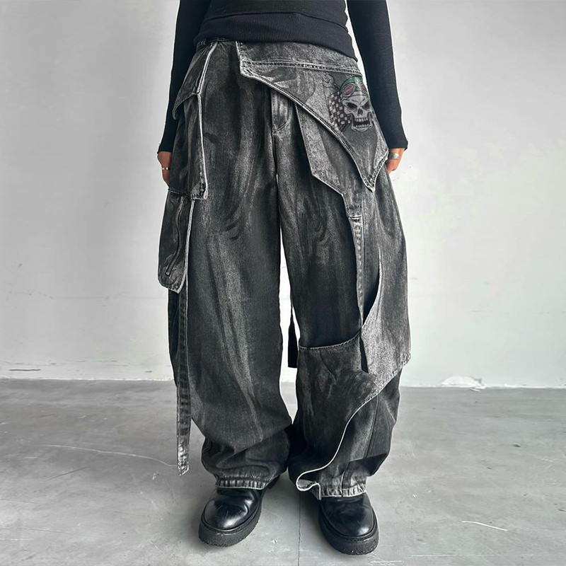 Pantalon en denim noir à plusieurs couches