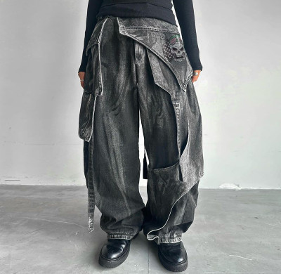 DiZNEW Asymmetrical Printing Black Denim Pants with Layered Streetwear Design