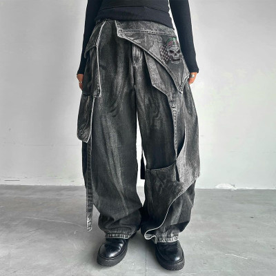 Pantalon en denim noir à imprimé asymétrique DiZNEW avec design streetwear superposé