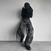 DiZNEW Asymmetrical Printing Black Denim Pants with Layered Streetwear Design