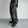 DiZNEW Asymmetrical Printing Black Denim Pants with Layered Streetwear Design