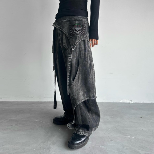 DiZNEW Asymmetrical Printing Black Denim Pants with Layered Streetwear Design