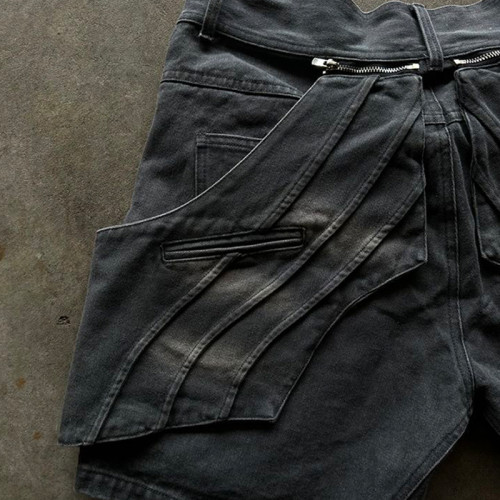 Innovative Denim Shorts with Adjustable Front Panels for Unique Streetwear Style