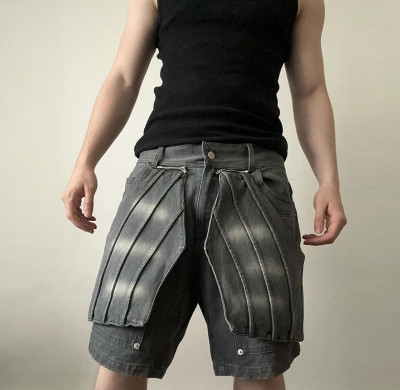 DiZNEW Innovative Denim Shorts with Adjustable Front Panels for Unique Streetwear Style