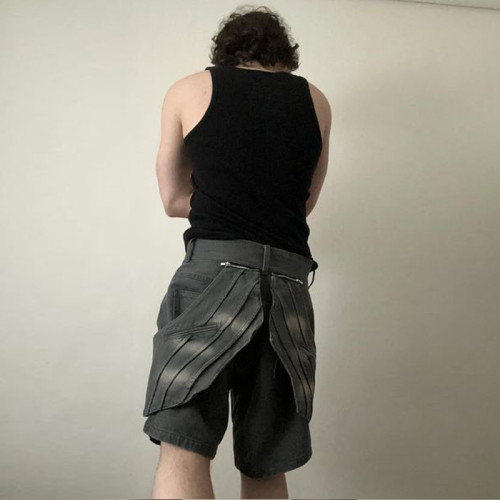 DiZNEW Innovative Denim Shorts with Adjustable Front Panels for Unique Streetwear Style