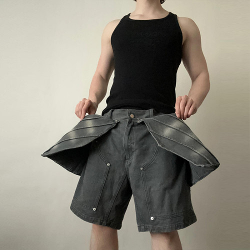 Innovative Denim Shorts with Adjustable Front Panels for Unique Streetwear Style