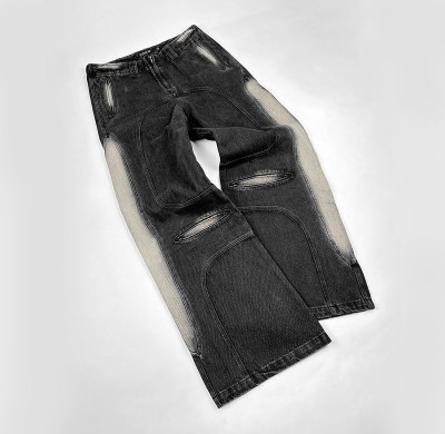 DiZNEW Custom Washed Black Denim Pants with Unique Bleach and Distressed Design