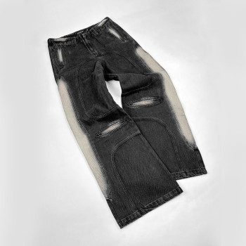 Custom Washed Black Denim Pants with Unique Bleach Washed Design