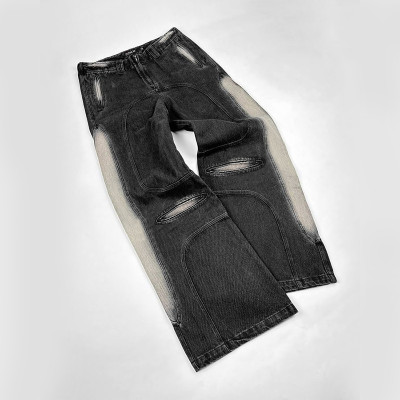 Custom Washed Black Denim Pants with Unique Bleach Washed Design