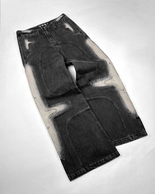 DiZNEW Custom Washed Black Denim Pants with Unique Bleach and Distressed Design