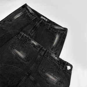 DiZNEW Custom Washed Black Denim Pants with Unique Bleach and Distressed Design