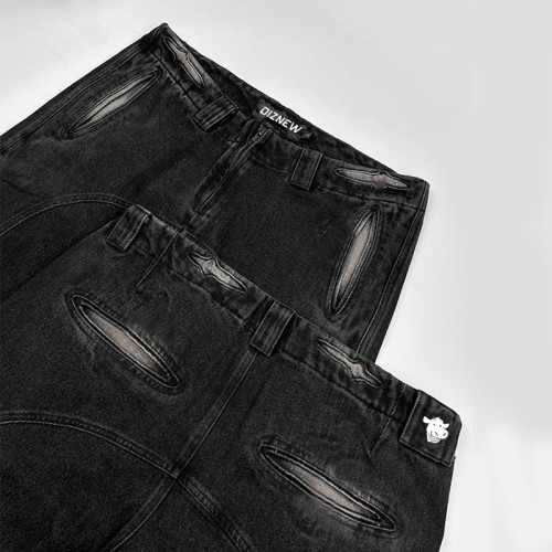 DiZNEW Custom Washed Black Denim Pants mit einzigartigem Bleich- und Distressed-Design