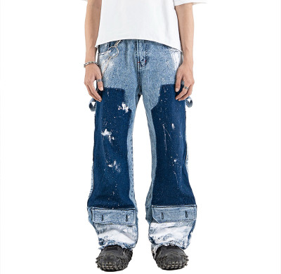 DiZNEW Multi-Function Detachable Denim Jeans with Unique Paint Splatter and Patchwork Design