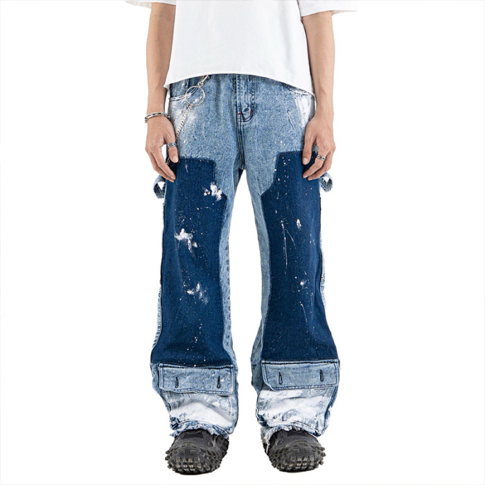 Custom Made Double Knee Carpenter Denim Mens Jeans with Unique Paint Splatter