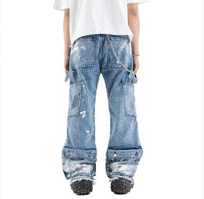 Custom Made Double Knee Carpenter Denim Mens Jeans with Unique Paint Splatter