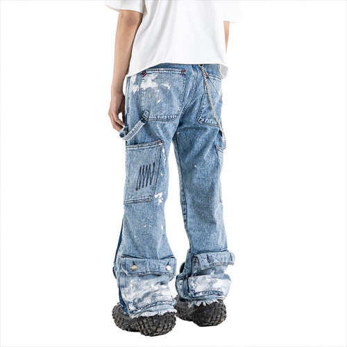 Custom Made Double Knee Carpenter Denim Mens Jeans with Unique Paint Splatter