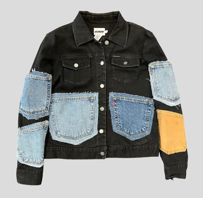 DiZNEW Custom Patchwork Denim Jacket with Multi-Colored Pocket Design