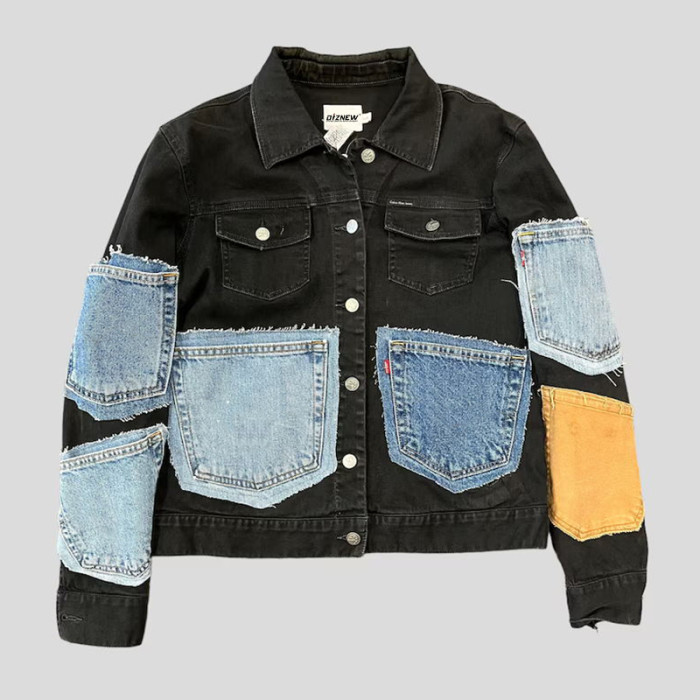 DiZNEW Custom Patchwork Denim Jacket with Multi-Colored Pocket Design