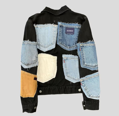 Custom Patchwork Denim Jacket with Multi-Colored Pocket Design