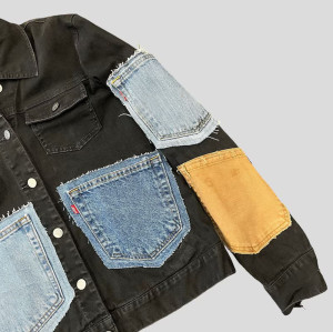 DiZNEW Custom Patchwork Denim Jacket with Multi-Colored Pocket Design