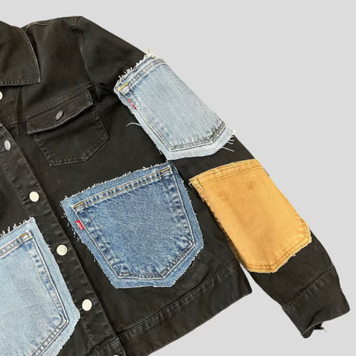 DiZNEW Custom Patchwork Denim Jacket with Multi-Colored Pocket Design