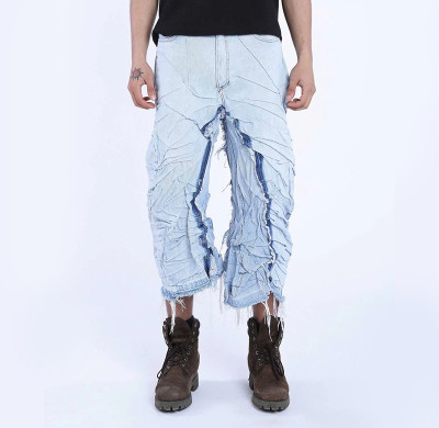 DiZNEW OEM Distressed Light Blue Denim Pants with Wrinkled Design